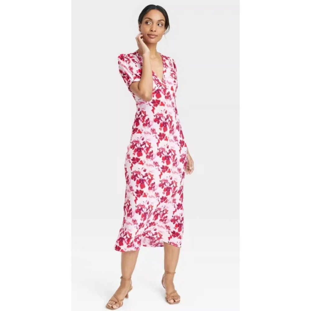 Colorful Print Sz XS Church Office or Casual Puff Sleeve Crepe Dress A NEW DAY